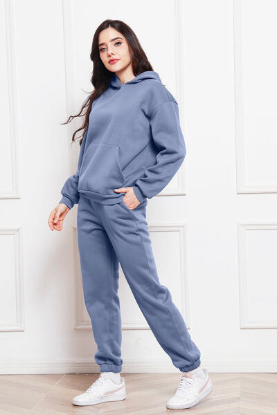 Drop Shoulder Long Sleeve Hoodie and Pants Set 2 Piece Sweater and Pants Set