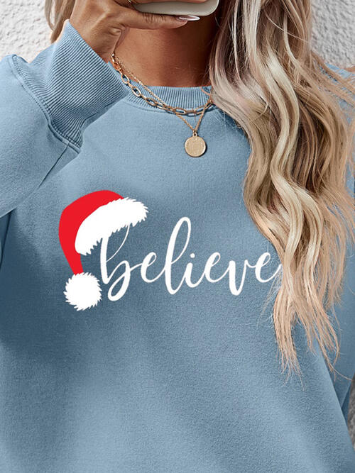 BELIEVE Graphic Long Sleeve Holiday Christmas Sweatshirt