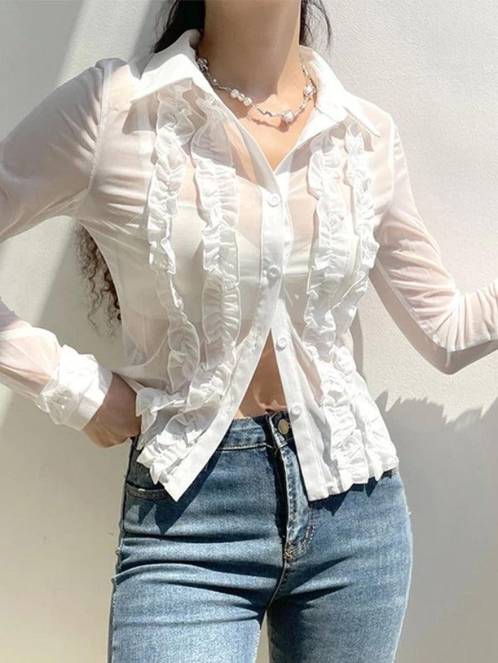 Ruffle Trim Sheer Mesh Long Sleeve Blouse - HouseofHalley