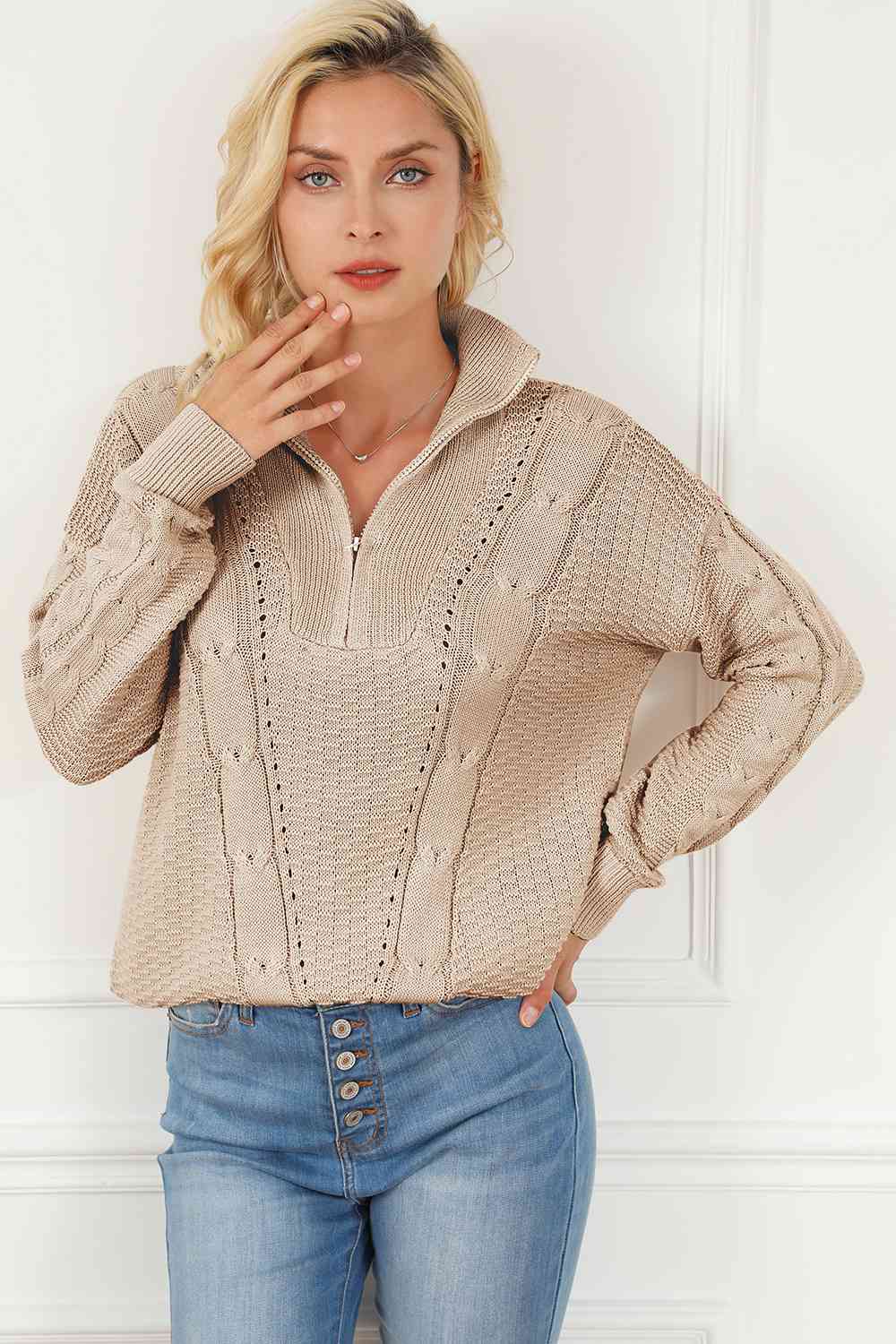 Cable-Knit Half Zip Long Sleeve Sweater