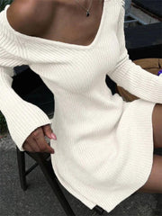 Solid V Neck Ribbed A-line Knit Mini Dress - HouseofHalley