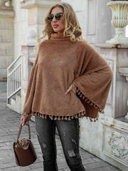 Full Size Turtleneck Tassel Hem Poncho