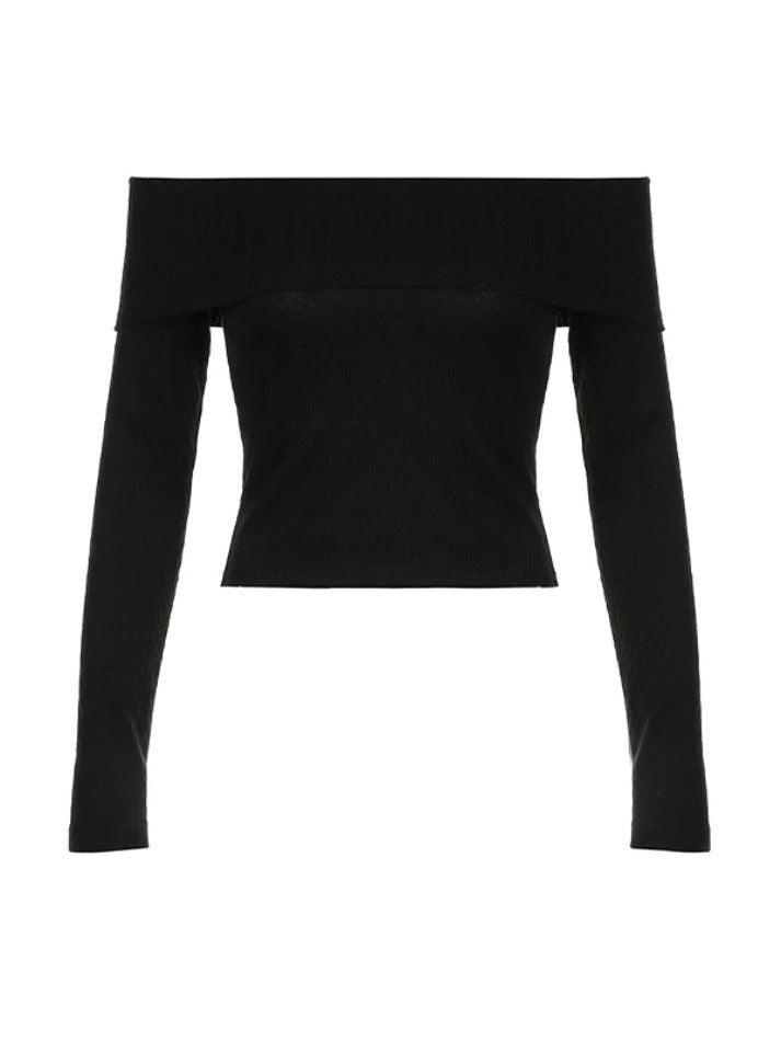 Solid Off Shoulder Slim Cable Knit Long Sleeve Knit - HouseofHalley