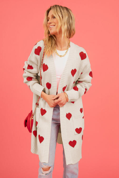 Heart Graphic Open Front Cardigan with Pockets Sweater