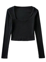 Long-Sleeve Square Neck Plain Cropped T-Shirt - HouseofHalley
