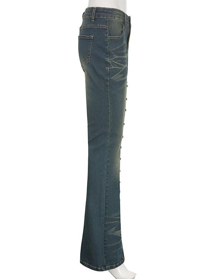 Mid Rise Washed Studded Flared Jeans