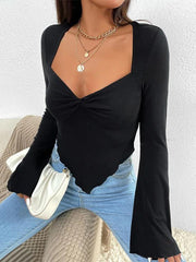 Solid V Neck Ruched Irregular Hem Knit Long Sleeve Tee - HouseofHalley