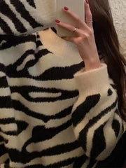 Zebra Jacquard Mock Neck Knit Sweater