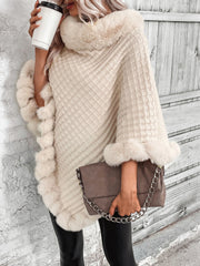 Faux Fur Trim Fashion Poncho Sweater