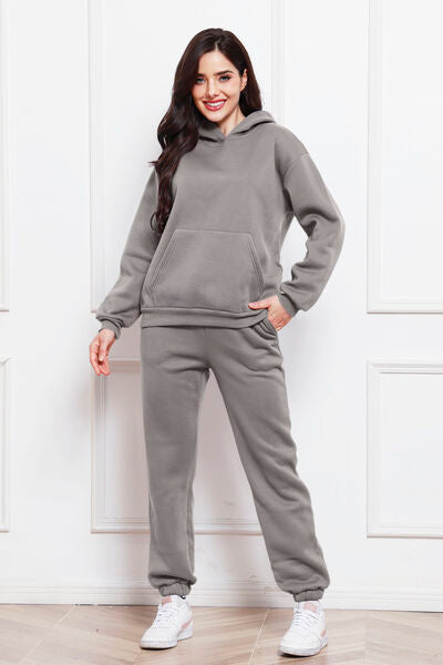 Drop Shoulder Long Sleeve Hoodie and Pants Set 2 Piece Sweater and Pants Set