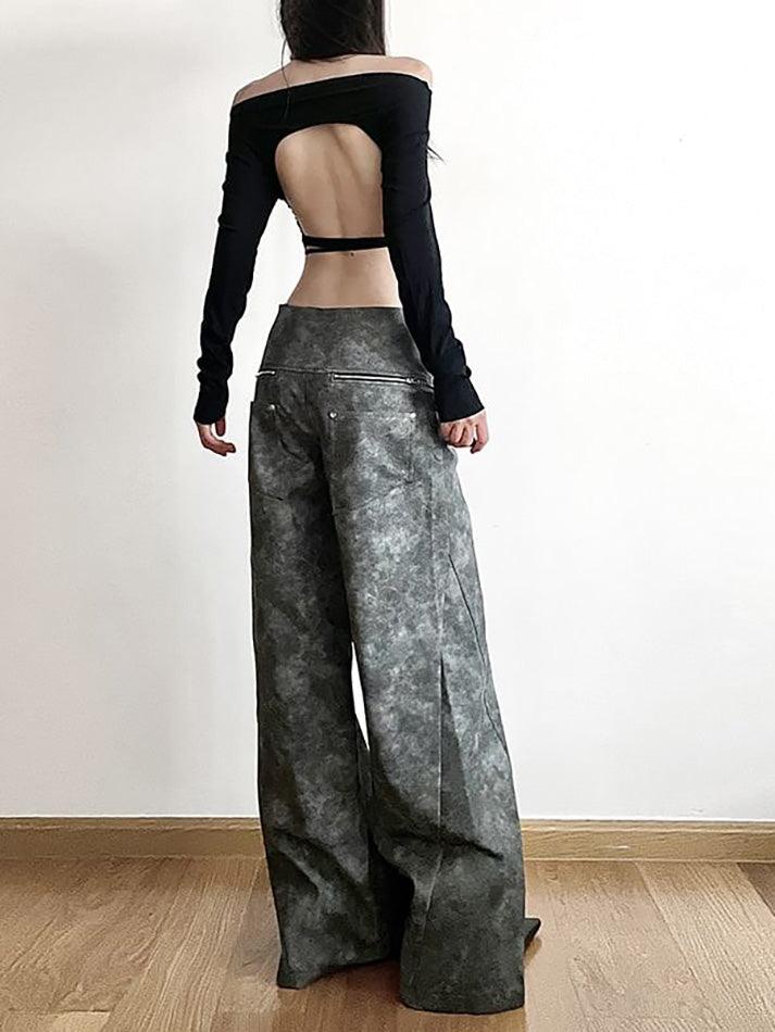 Low Waist Tie Dye Panel Faux Leather Wide Leg Pants