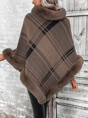 Plaid Faux Fur Trim Fashion Poncho Sweater