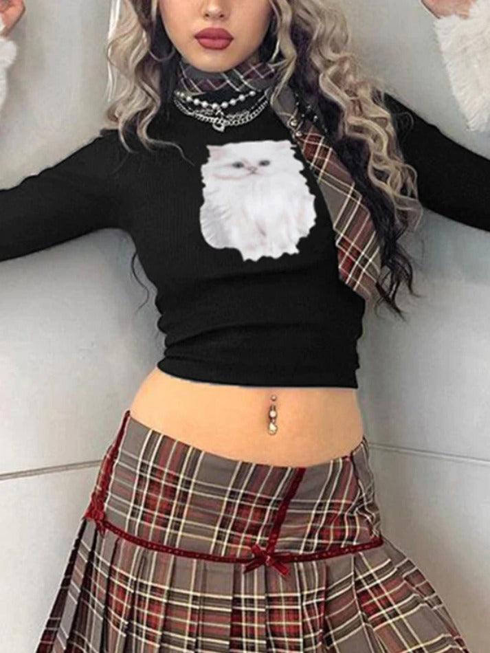Kitty Print Plush Splice Cropped Long Sleeve Knit - HouseofHalley