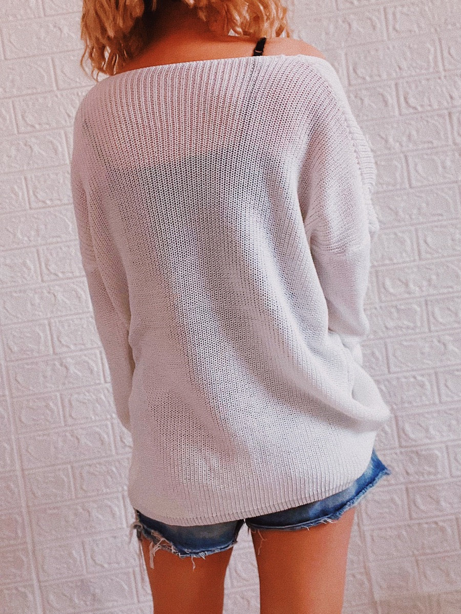 Casual Knitted Long Sleeve V neck Solid  Blouse