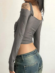 Ruched Lace Up Crop Long Sleeve Tee