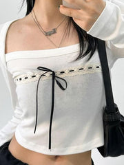 Long Sleeve Square-Neck Lace Panel Bow Accent Plain Crop Top - HouseofHalley