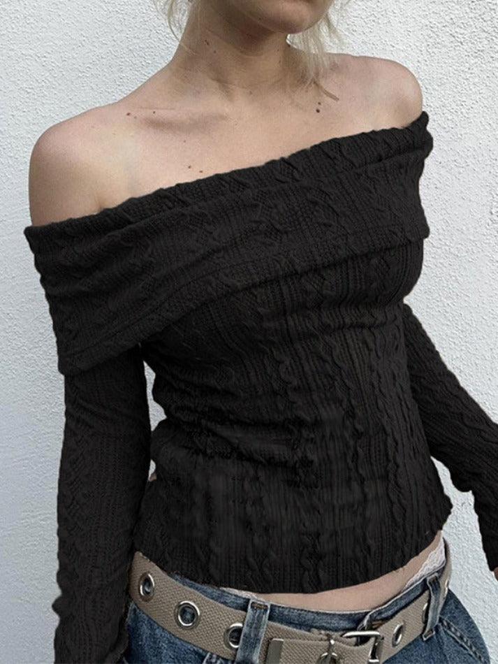 Solid Off Shoulder Slim Cable Knit Long Sleeve Knit - HouseofHalley