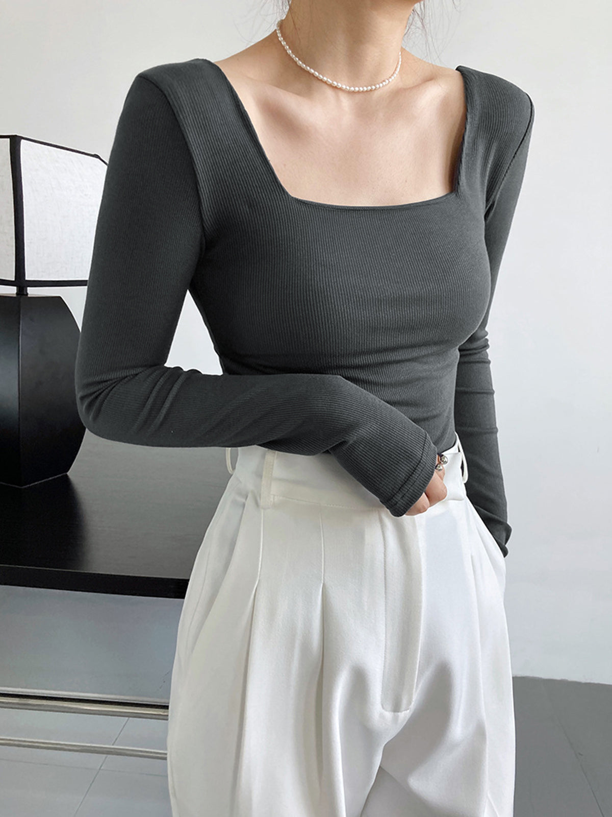 Ribbed Square Neck Long Sleeve Shirt