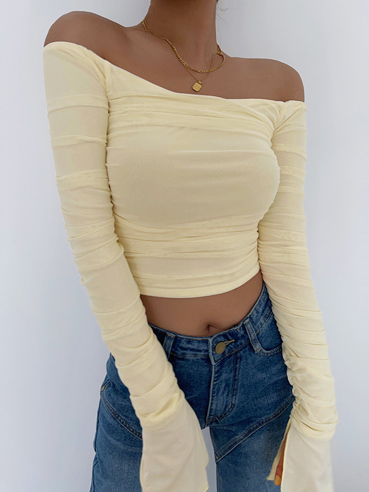 Off Shoulder Mesh Crop Shirt