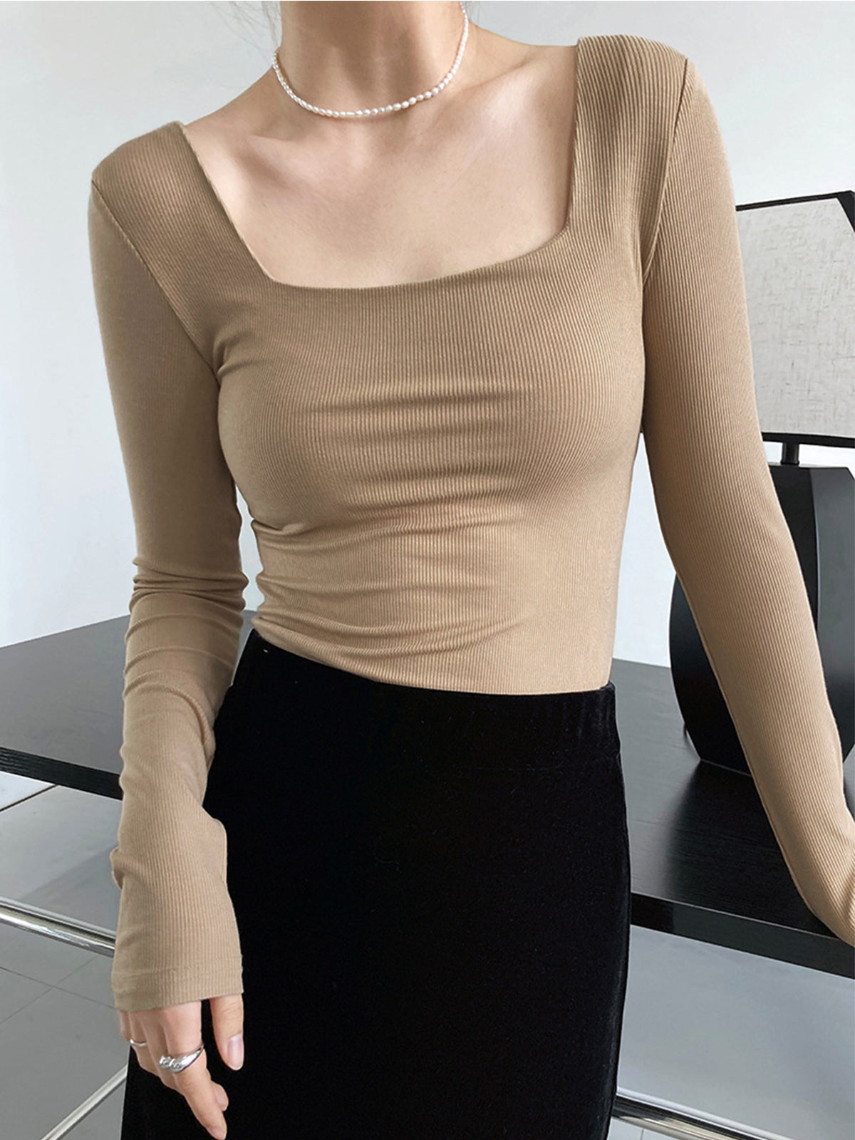 Ribbed Square Neck Long Sleeve Shirt