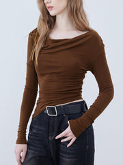 Asymmetric Neckline Ruched Trendy Long Sleeve Shirt