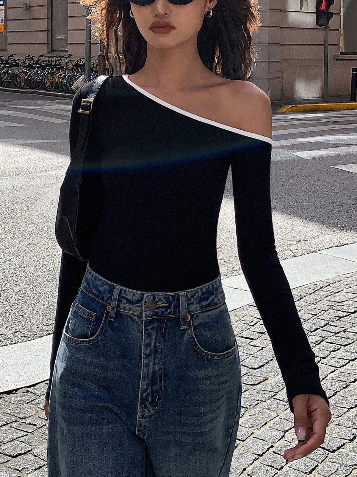 Contrast Trim Off Shoulder Long Sleeve Shirt