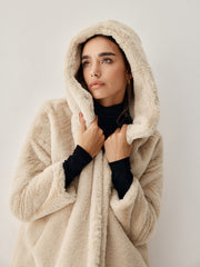 Apricot Faux Fur Trendy Hooded Longline Coat