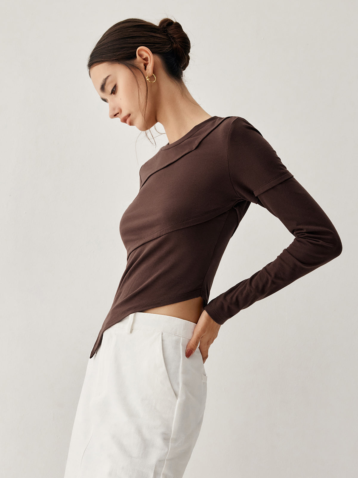 Asymmetric Hem Piping Trendy Long Sleeve Top