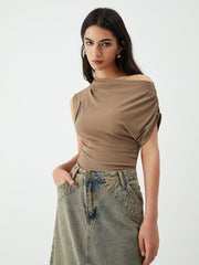 Asymmetric One Graceful Shoulder Pleated Top