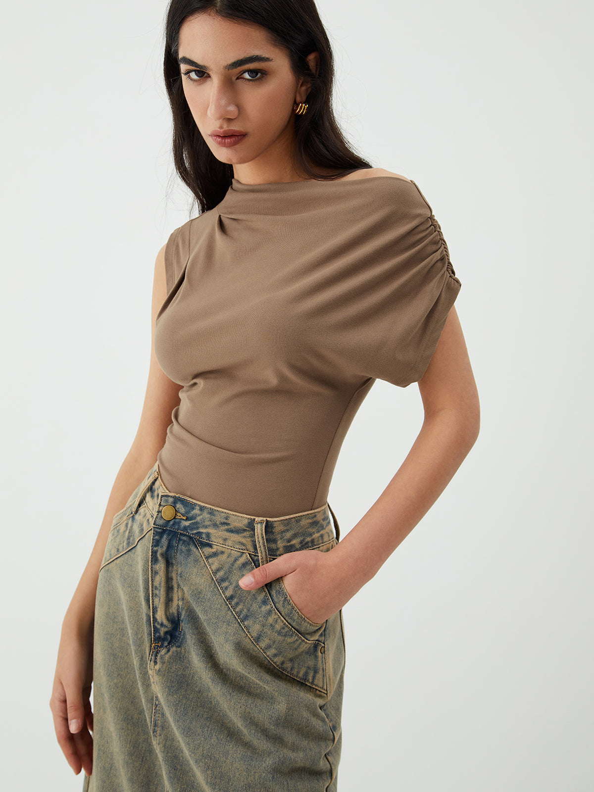 Asymmetric One Graceful Shoulder Pleated Top