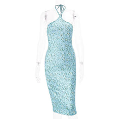 Blue Floral Bodycon Halter Midi Dress