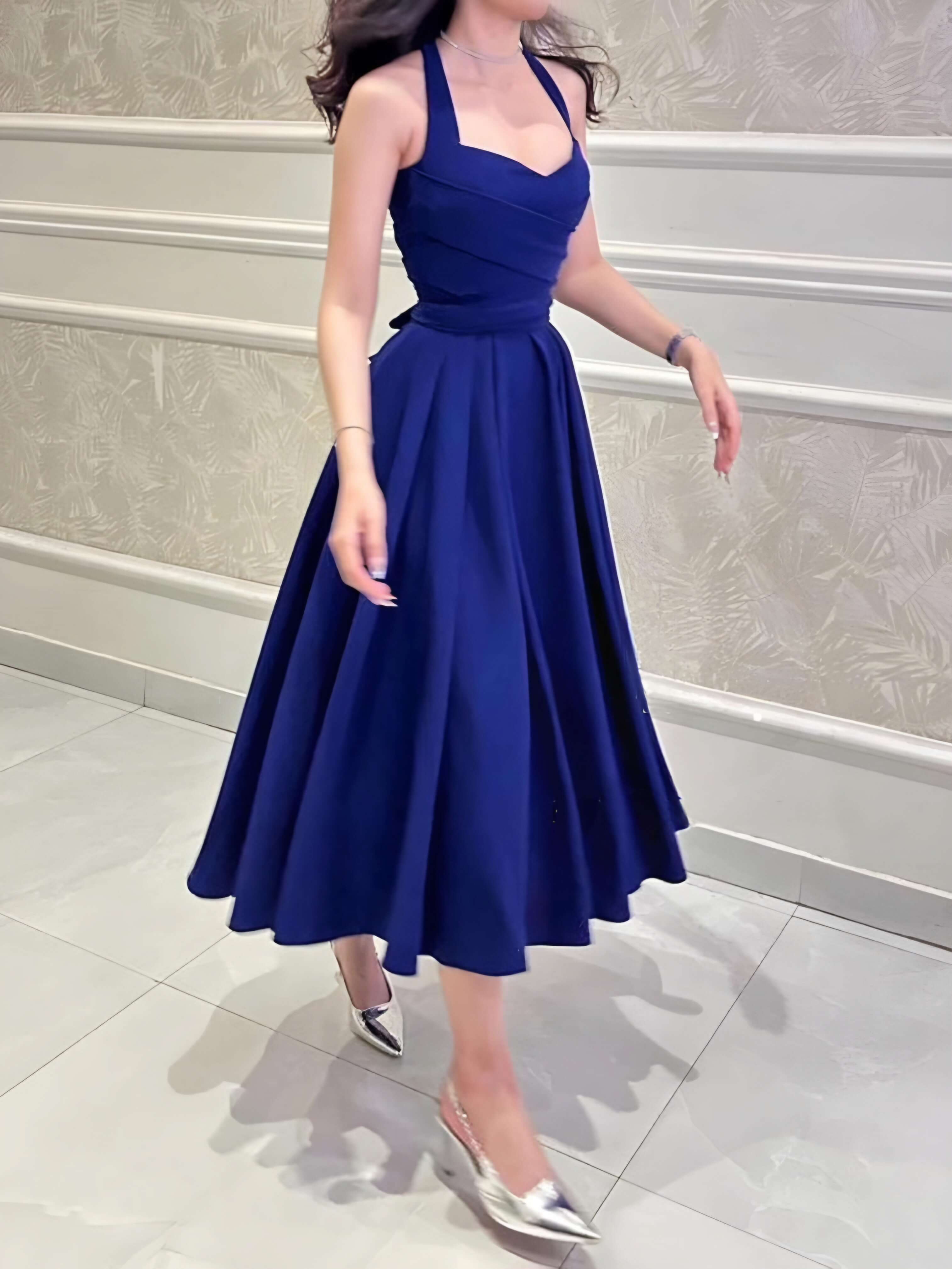 Blue Halter Neck Flare Dress – Aresok