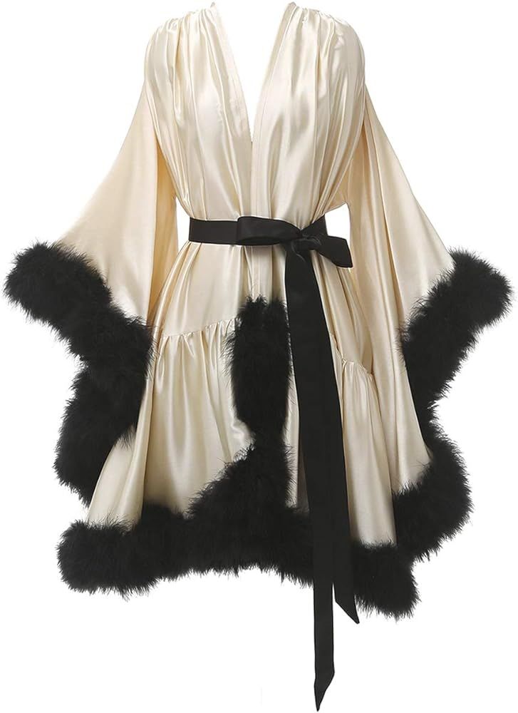 Fur Robe Bottom Half Boudoir Fur Trim Bell Sleeved Satin Robe – Aresok