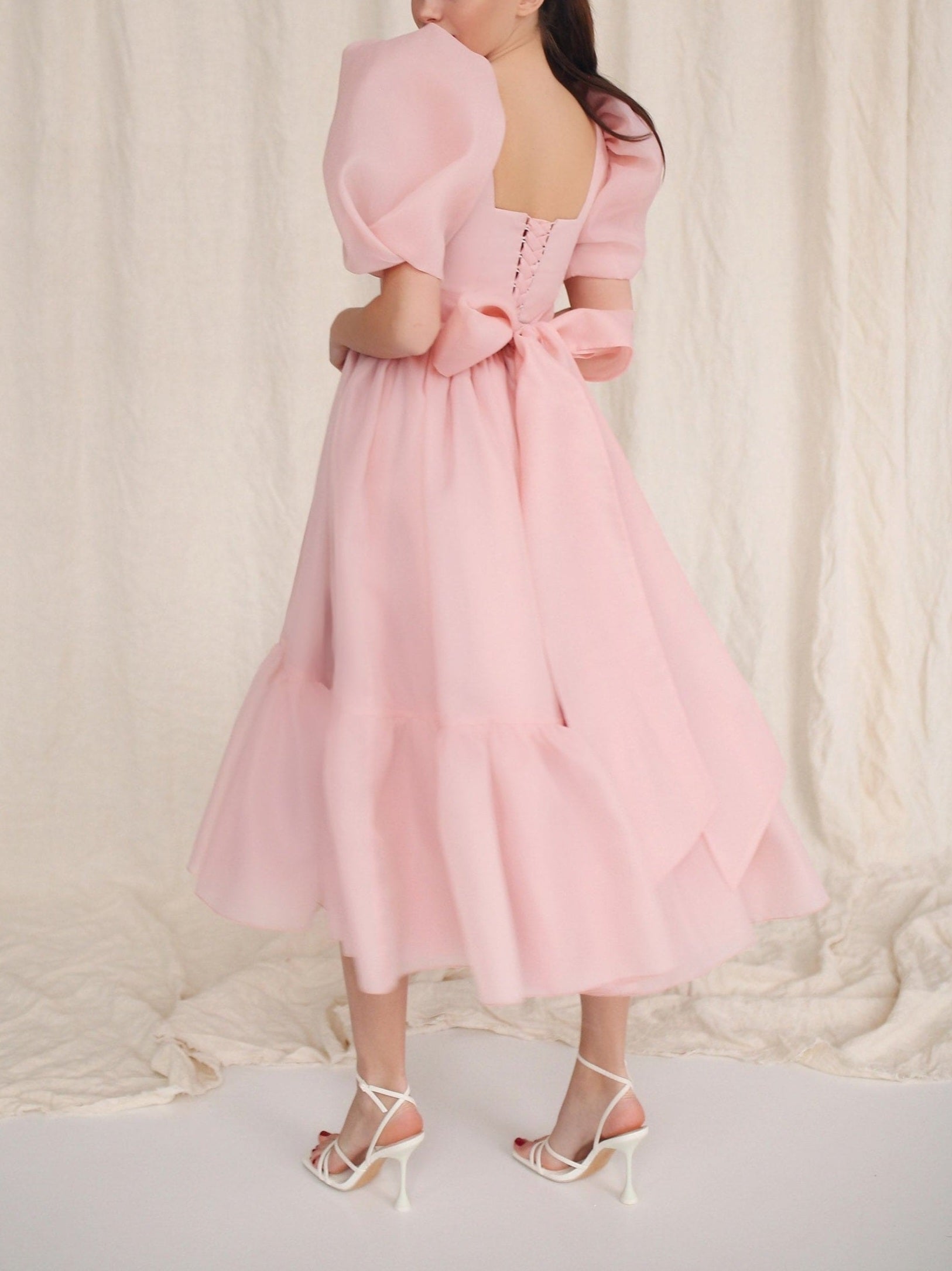 Bow Back Puff Sleeve Midi Dress