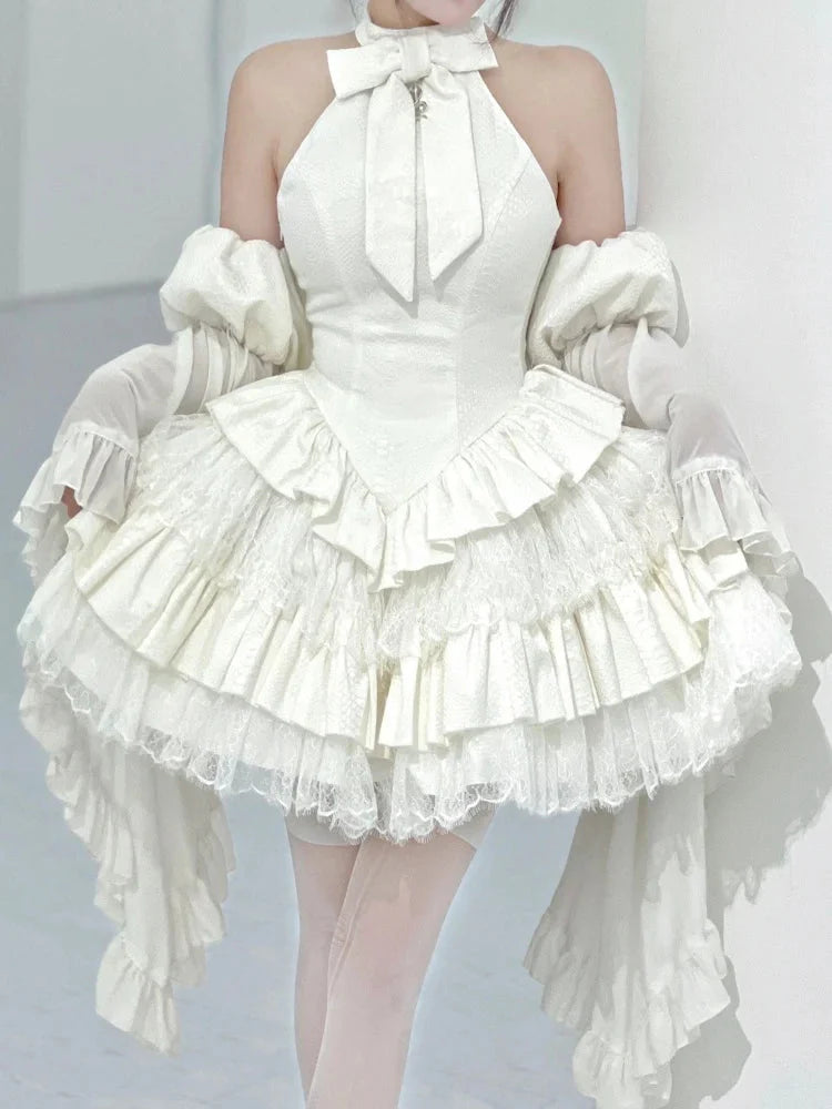 Bow Halterneck Off-Shoulder Ruffle Layered Lolita Dress
