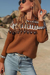 Brown Geometric Patterns Crew Neck Sweater