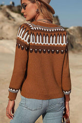 Brown Geometric Patterns Crew Neck Sweater