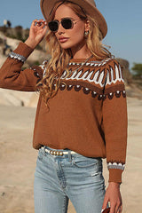 Brown Geometric Patterns Crew Neck Sweater