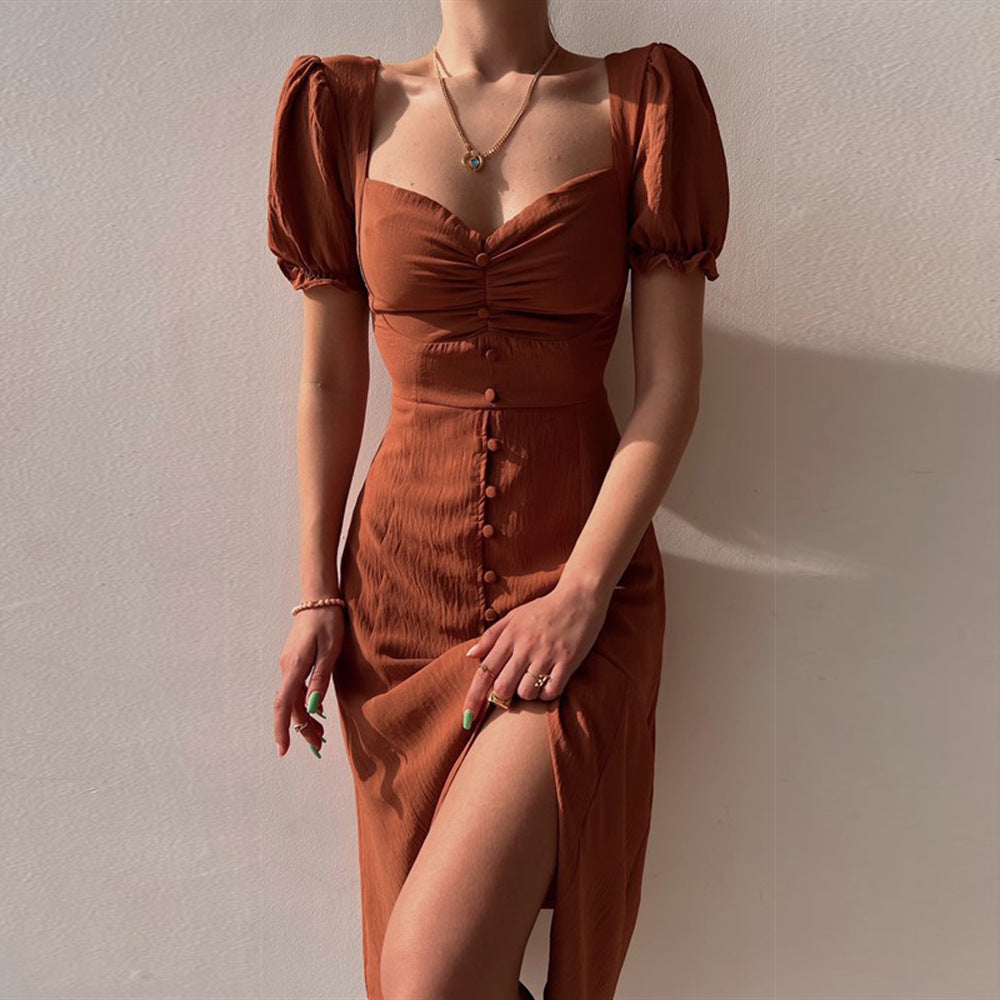 Button-Down Puff Sleeve Midi Dress
