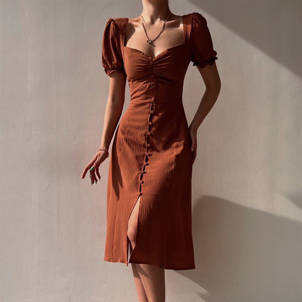 Button-Down Puff Sleeve Midi Dress