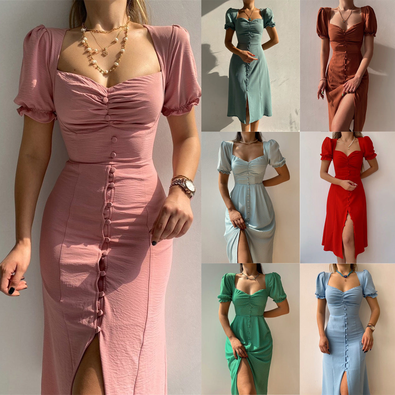 Button-Down Puff Sleeve Midi Dress