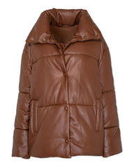 Cade Pocketed Faux Leather Puffer Jacket - Brown