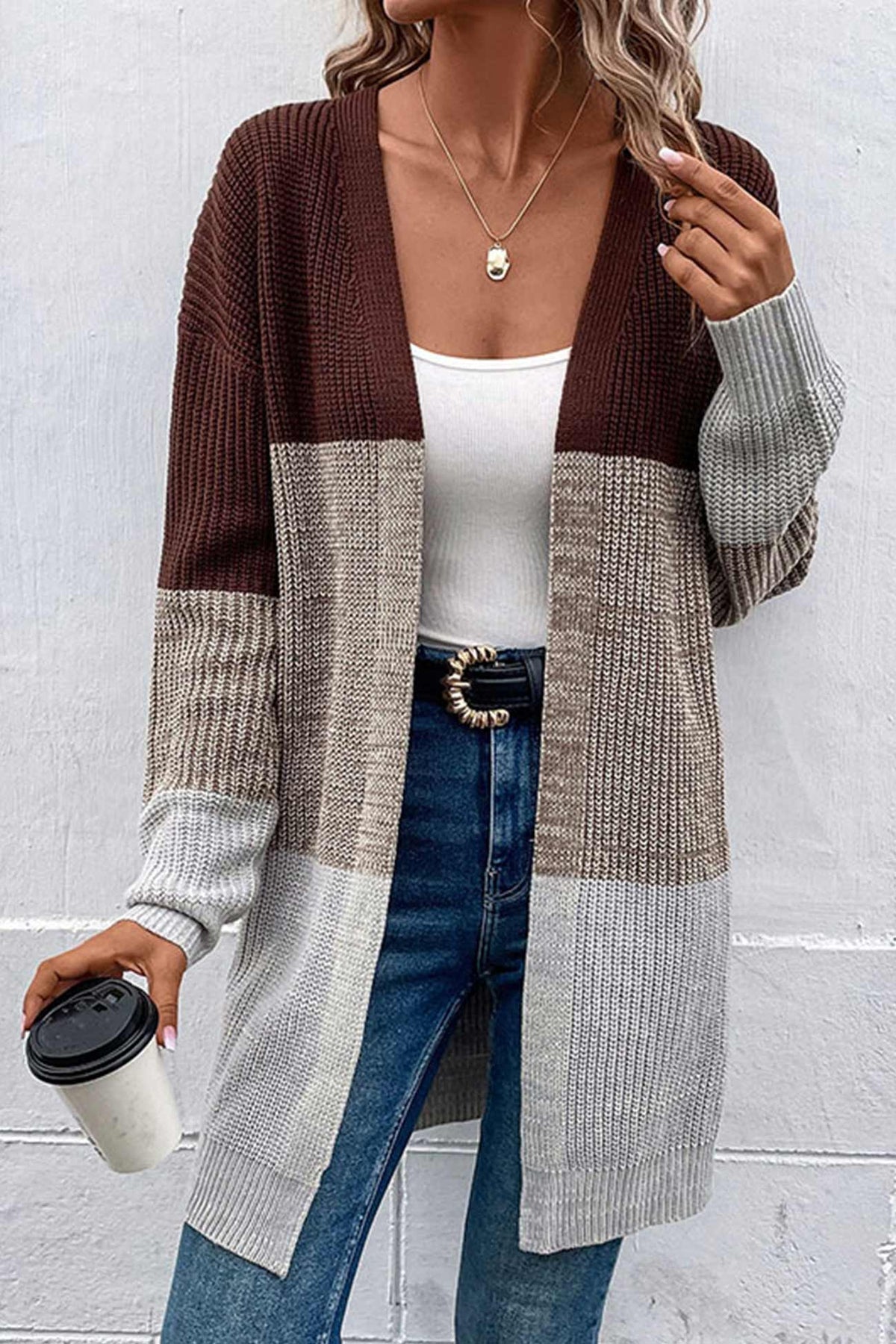 Color Contrast Long Open Front Cardigan