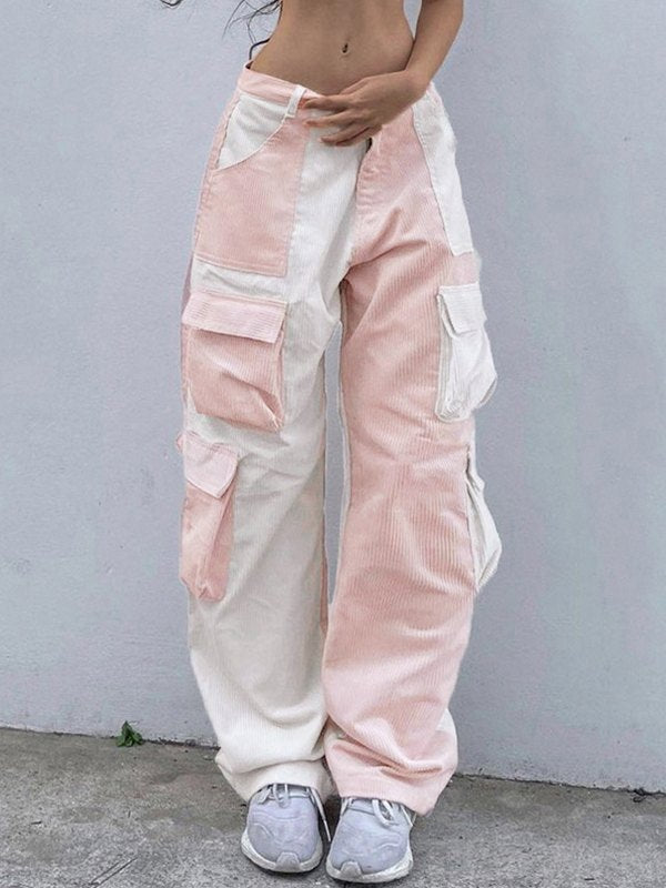 Corduroy Color Contrast Cargo Pants