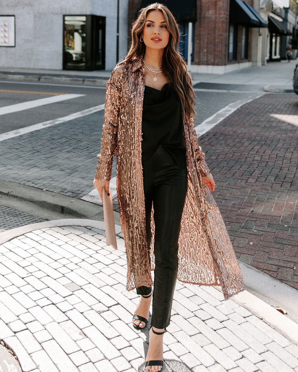 Mixer Button Down Sequin Duster - Copper