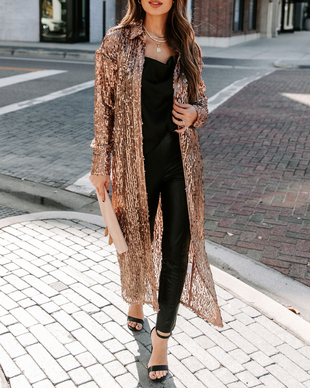 Mixer Button Down Sequin Duster - Copper