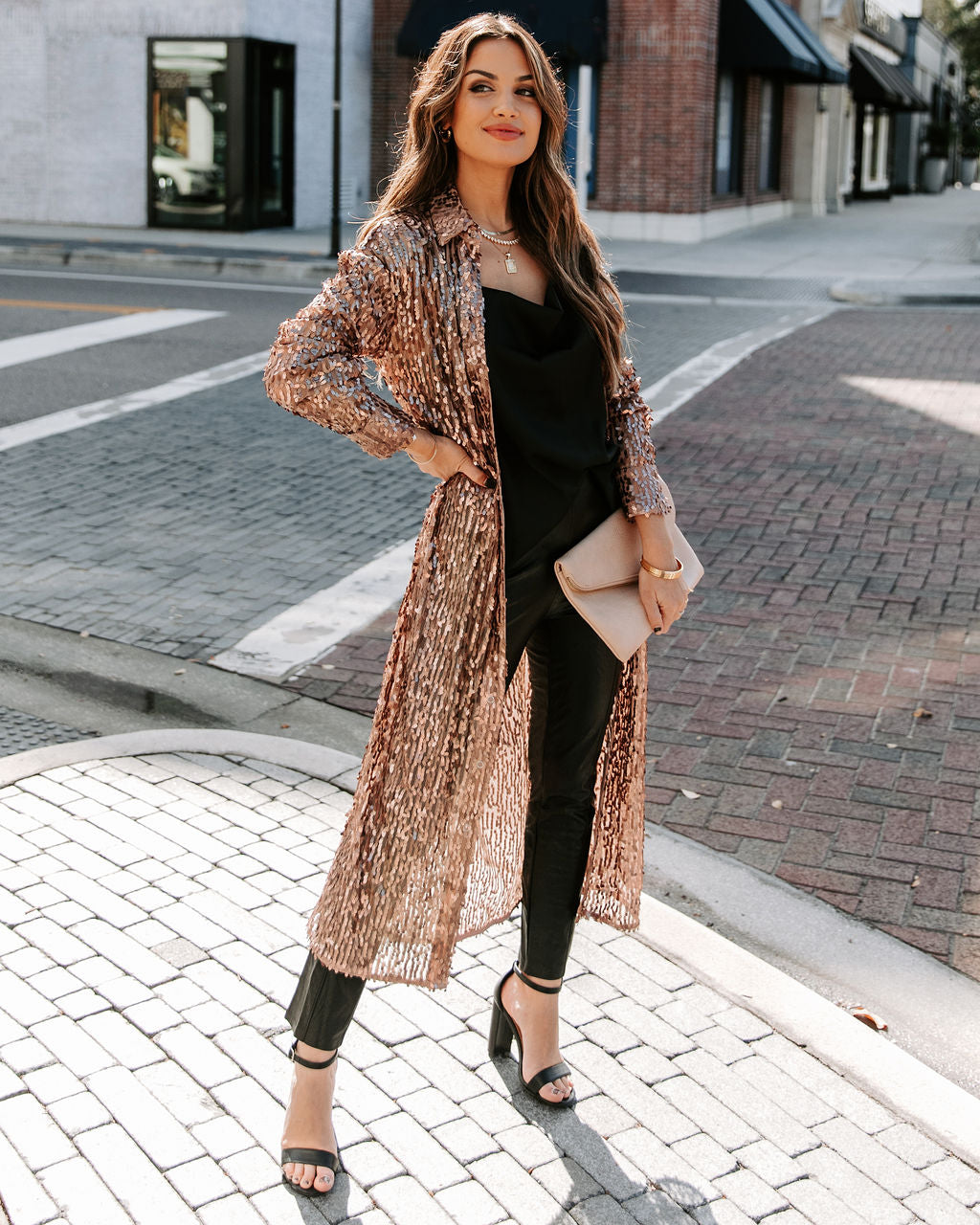 Mixer Button Down Sequin Duster - Copper