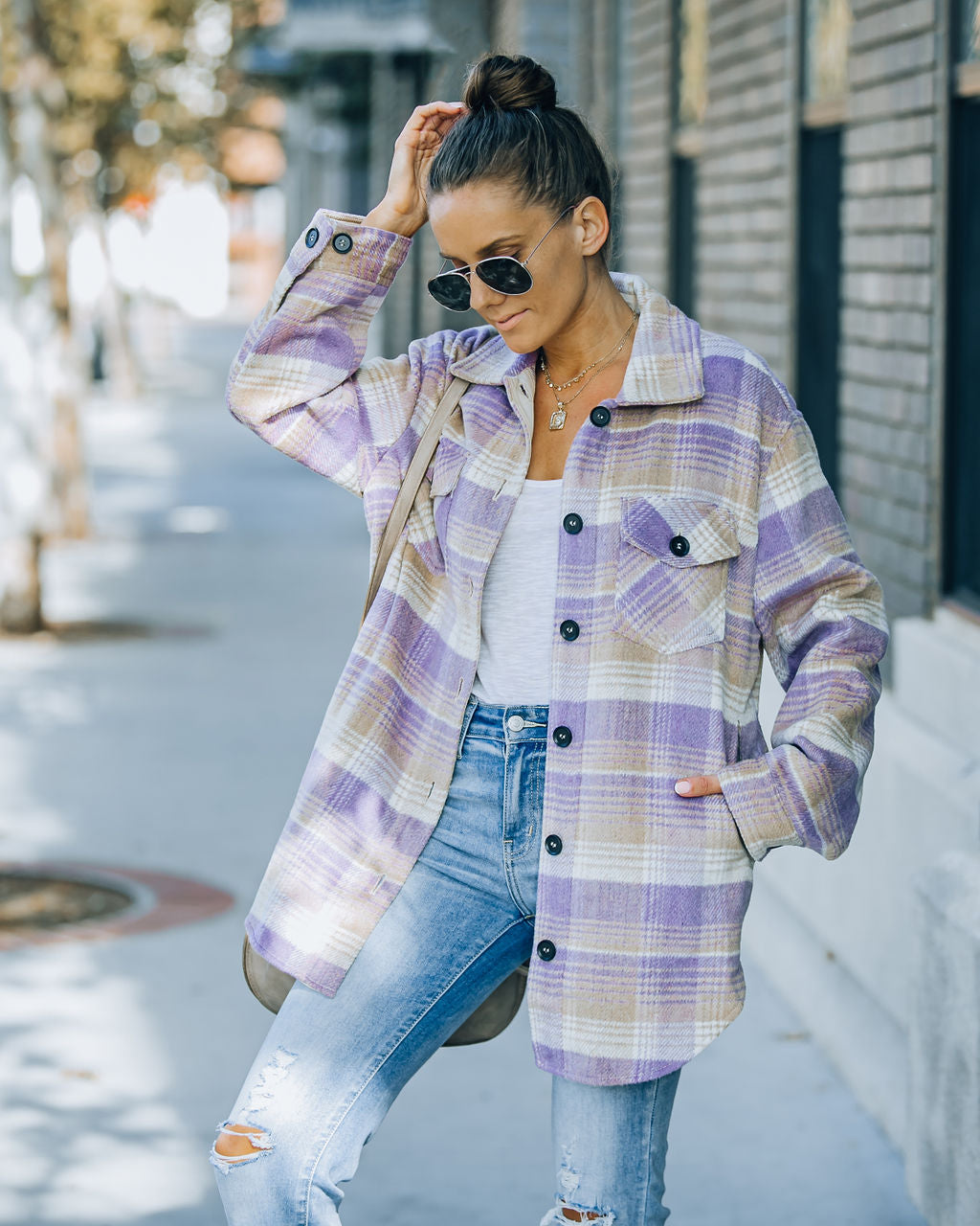 Faustina Pocketed Plaid Shacket - Lavender