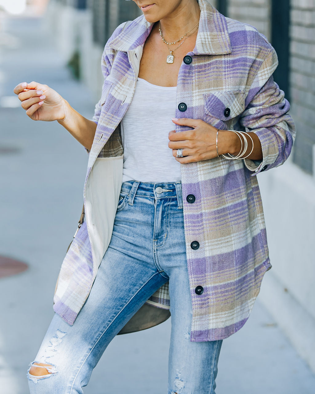 Faustina Pocketed Plaid Shacket - Lavender