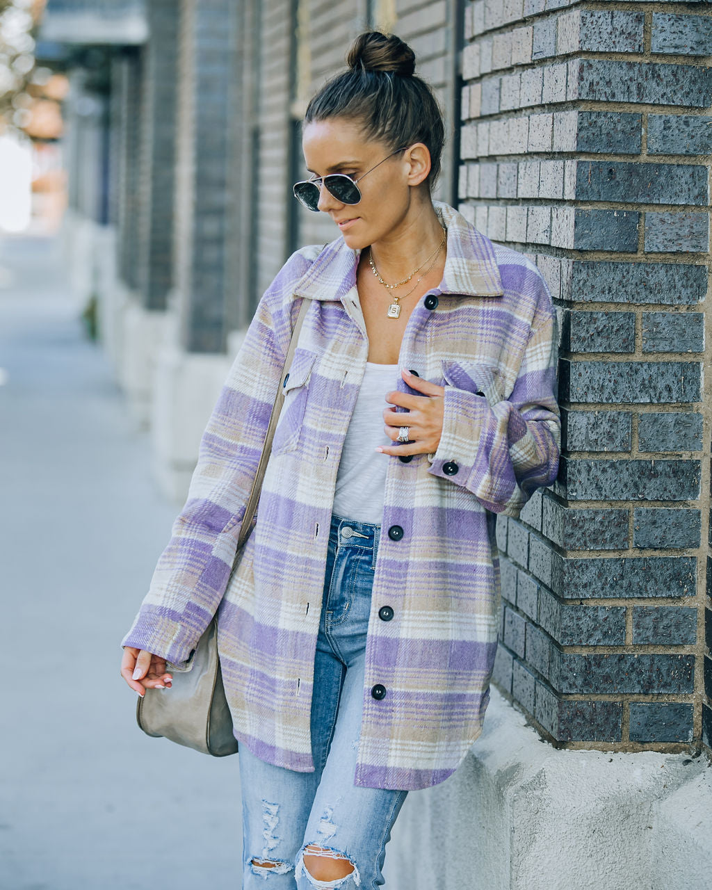 Faustina Pocketed Plaid Shacket - Lavender